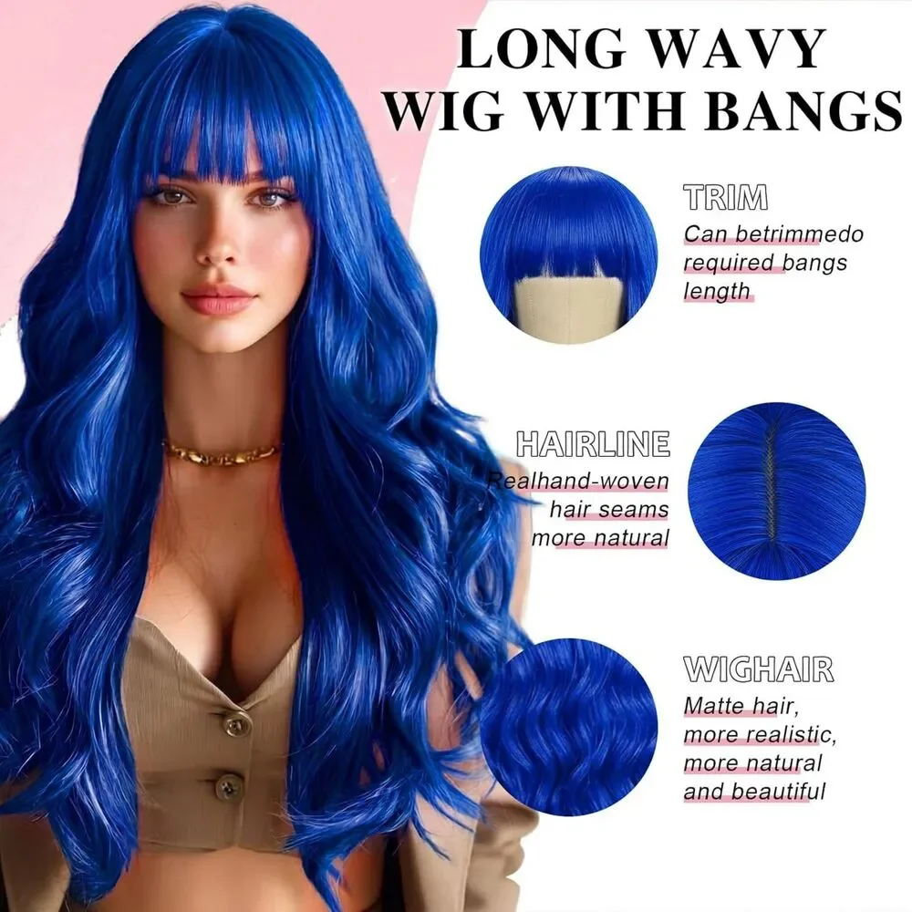 NOSTALGIA Dark Blue Wig with Bangs for Women, 26 Inch Wavy Synthetic Wig